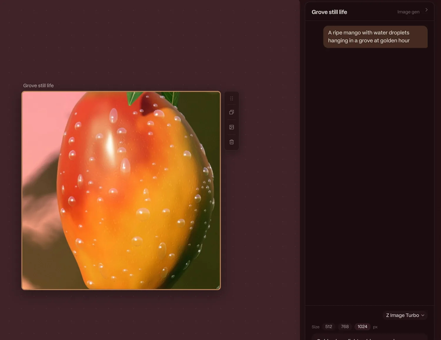 An Image Gen frame with its prompt history, the Z Image Turbo model picker and size options