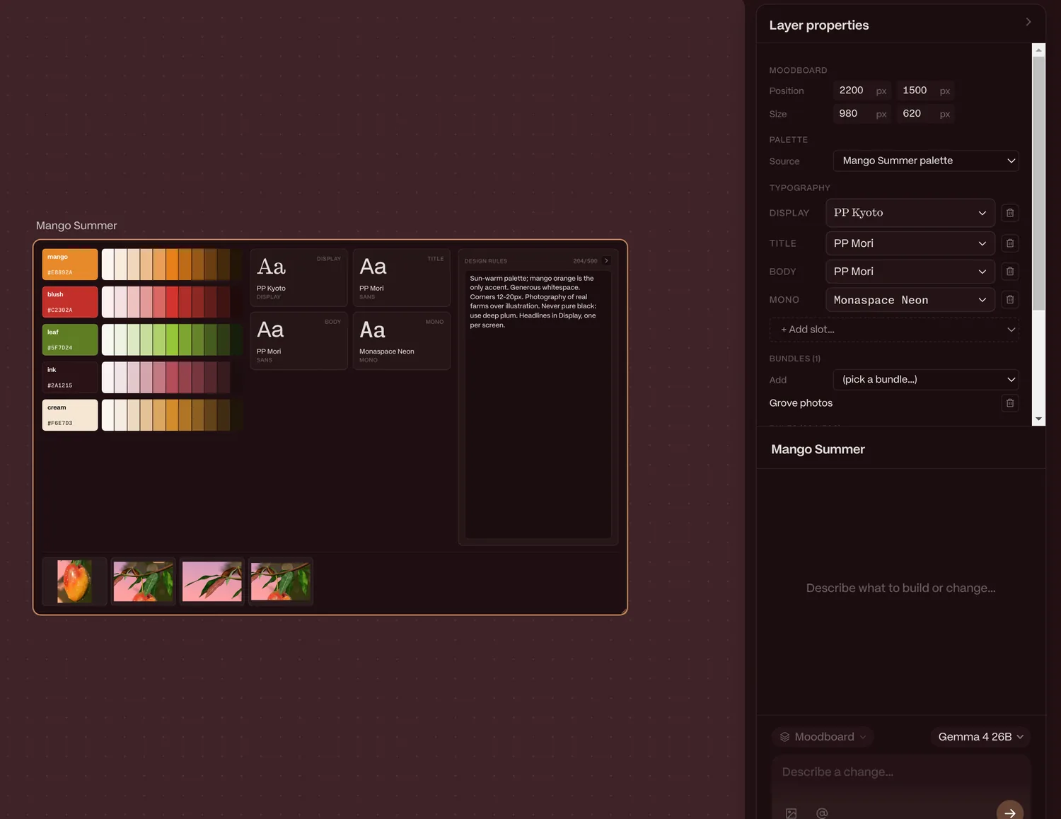 The Mango Summer moodboard: palette ramps, typography roles, design rules and photo bundle, with its properties panel